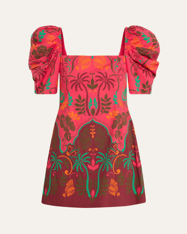 Kelly Blue Tile Print Puff-Sleeve Dress